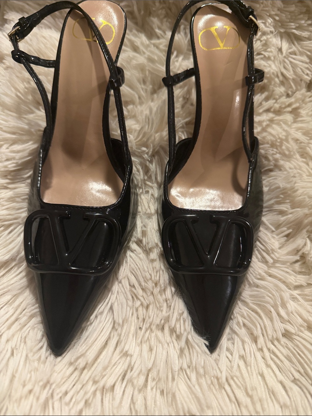 Valentino Black Patent Pointed Slingback Pumps with Logo Plaque
